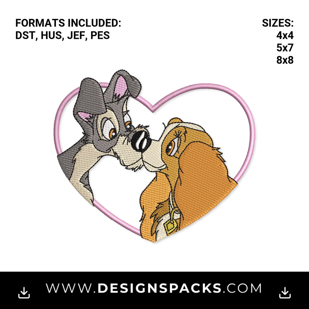 Lady and the Tramp Heart Kiss Embroidery Design - Instant digital download pattern at Designspacks.com