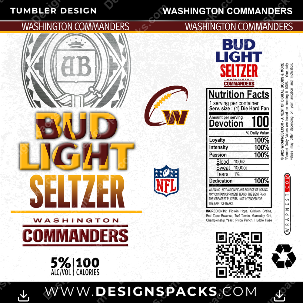 Football Bud Light Seltzer Washington Commanders Tumbler Digital Wrap Design