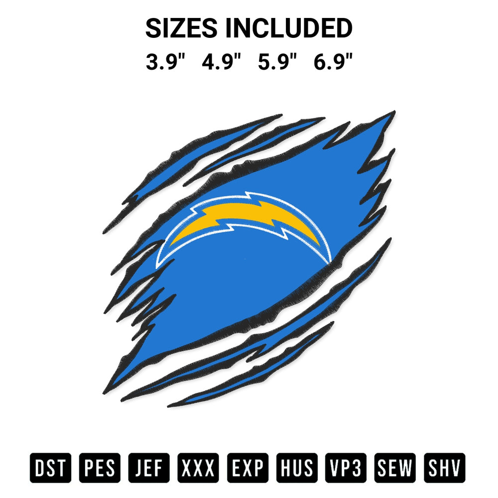 Download the Los Angeles Chargers Claw Embroidery Design machine embroidery design exclusively at Designspacks.com. Premium digitized pattern for apparel and DIY crafts. Available sizes: 3.9", 4.9", 5.9", 6.9".