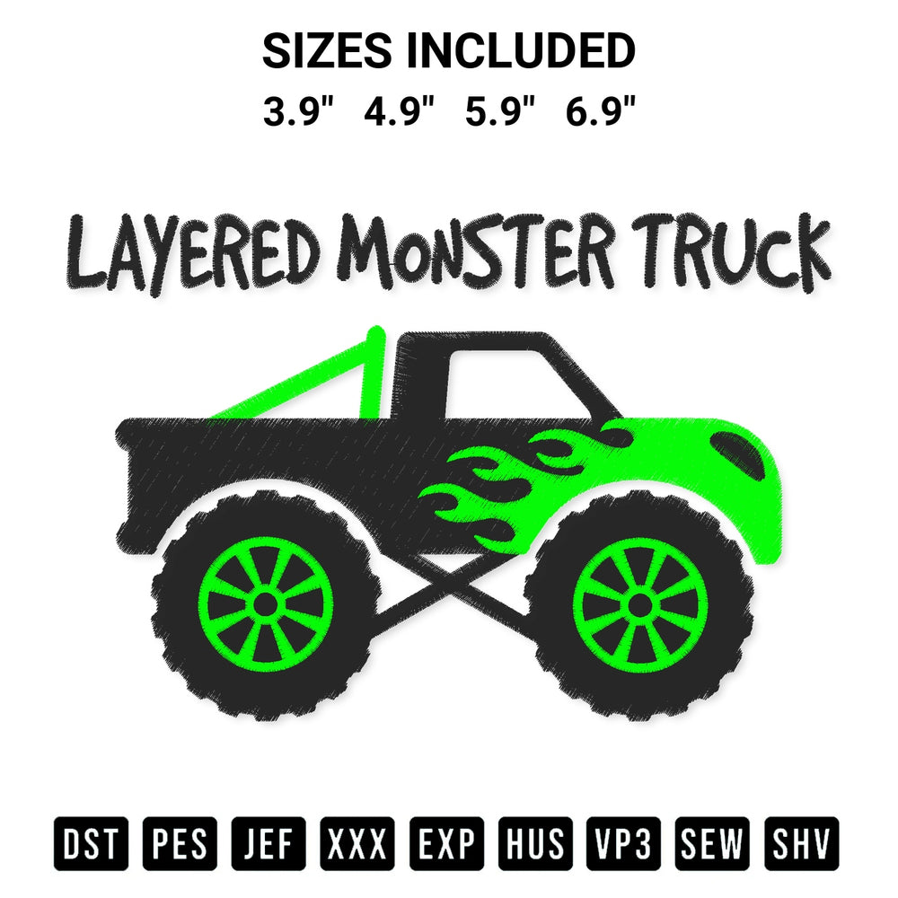 Elevate your next project with our Layered Monster Truck Embroidery Design embroidery file. Shop high-quality digital patterns instantly at Designspacks.com. Available sizes: 3.9", 4.9", 5.9", 6.9".