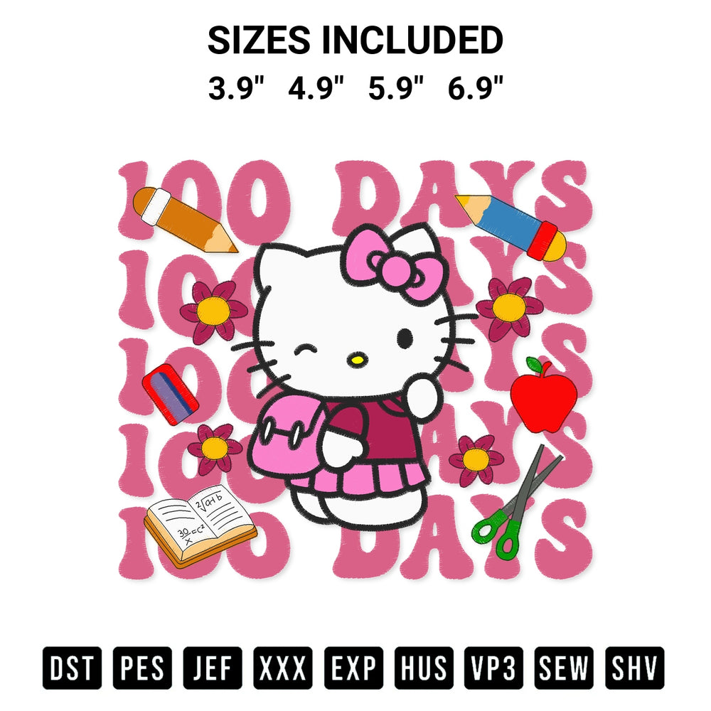 Stitch like a pro with the Hello Kitty 100 Days Embroidery Design embroidery pattern from Designspacks.com. High-quality digital machine embroidery file. Available sizes: 3.9", 4.9", 5.9", 6.9".