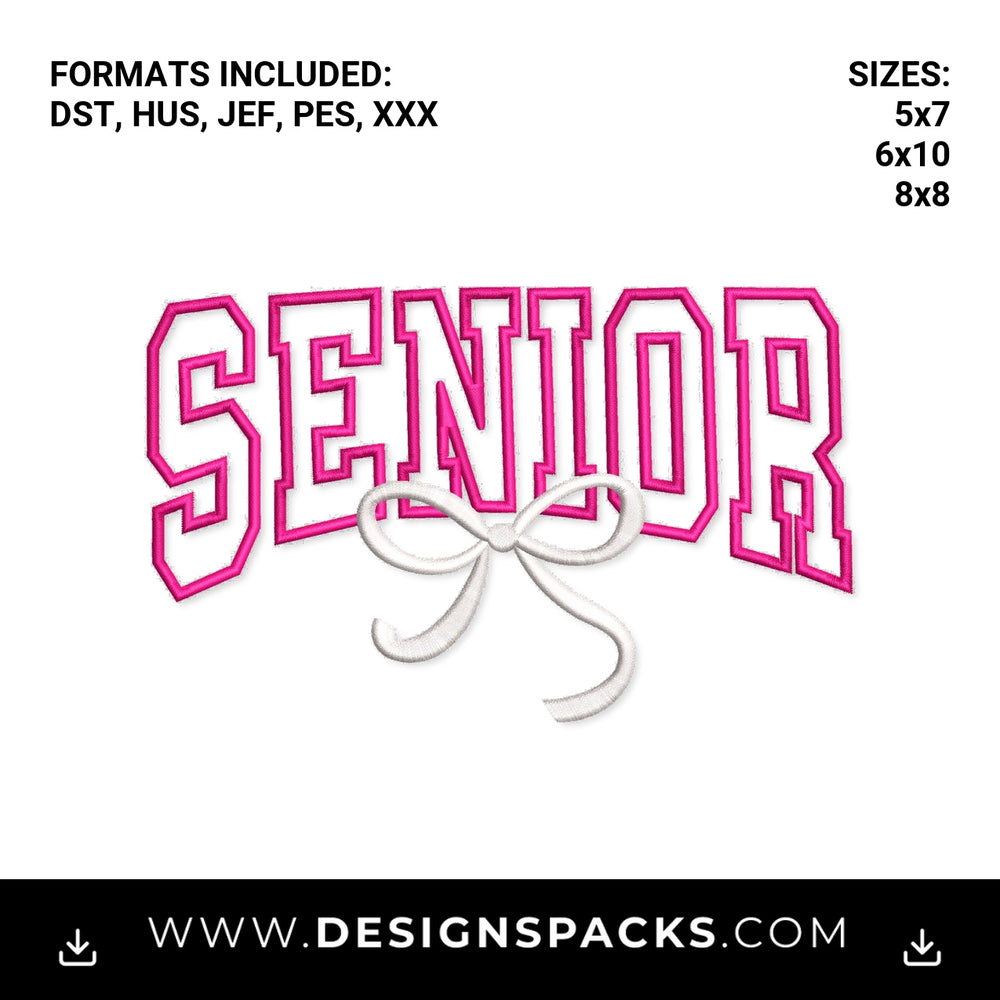 Pink Varsity Senior with Coquette Bow Embroidery Design - Instant digital download pattern at Designspacks.com