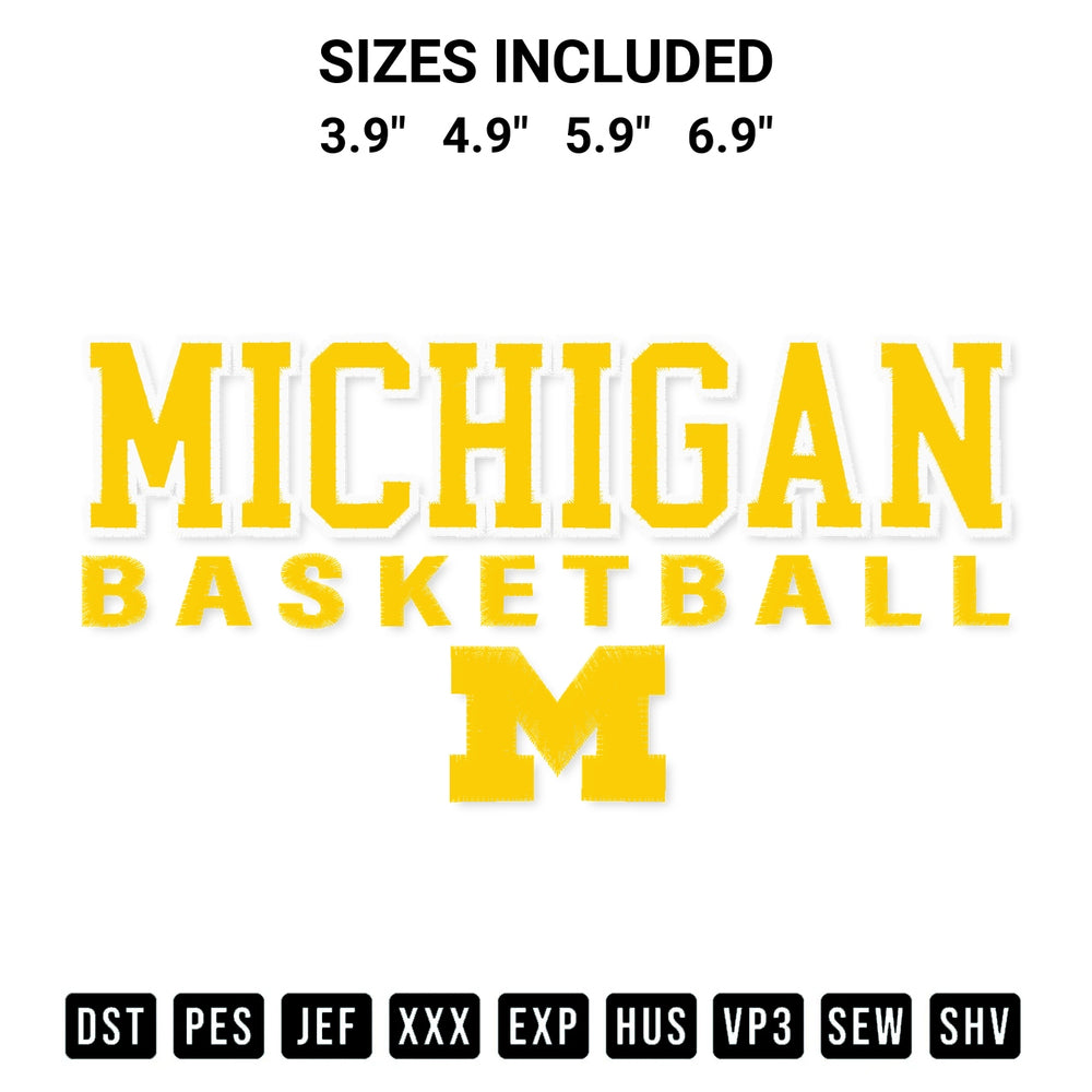 Stitch like a pro with the Michigan Basketball Embroidery Design embroidery pattern from Designspacks.com. High-quality digital machine embroidery file. Available sizes: 3.9", 4.9", 5.9", 6.9".