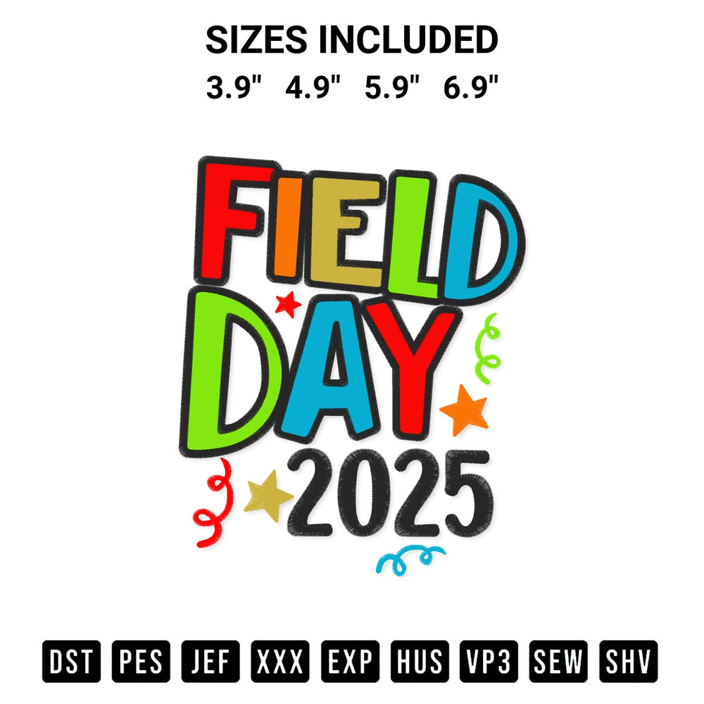 Download the Field Day 2025 Embroidery Design machine embroidery design exclusively at Designspacks.com. Premium digitized pattern for apparel and DIY crafts. Available sizes: 3.9", 4.9", 5.9", 6.9".