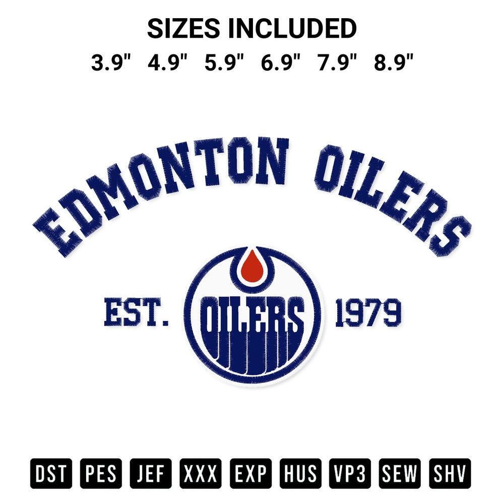 Transform your fabrics with the Edmonton Oilers Est 1979 Embroidery Design embroidery design. Instant access to premium digitized patterns at Designspacks.com. Available sizes: 3.9", 4.9", 5.9", 6.9", 7.9", 8.9".