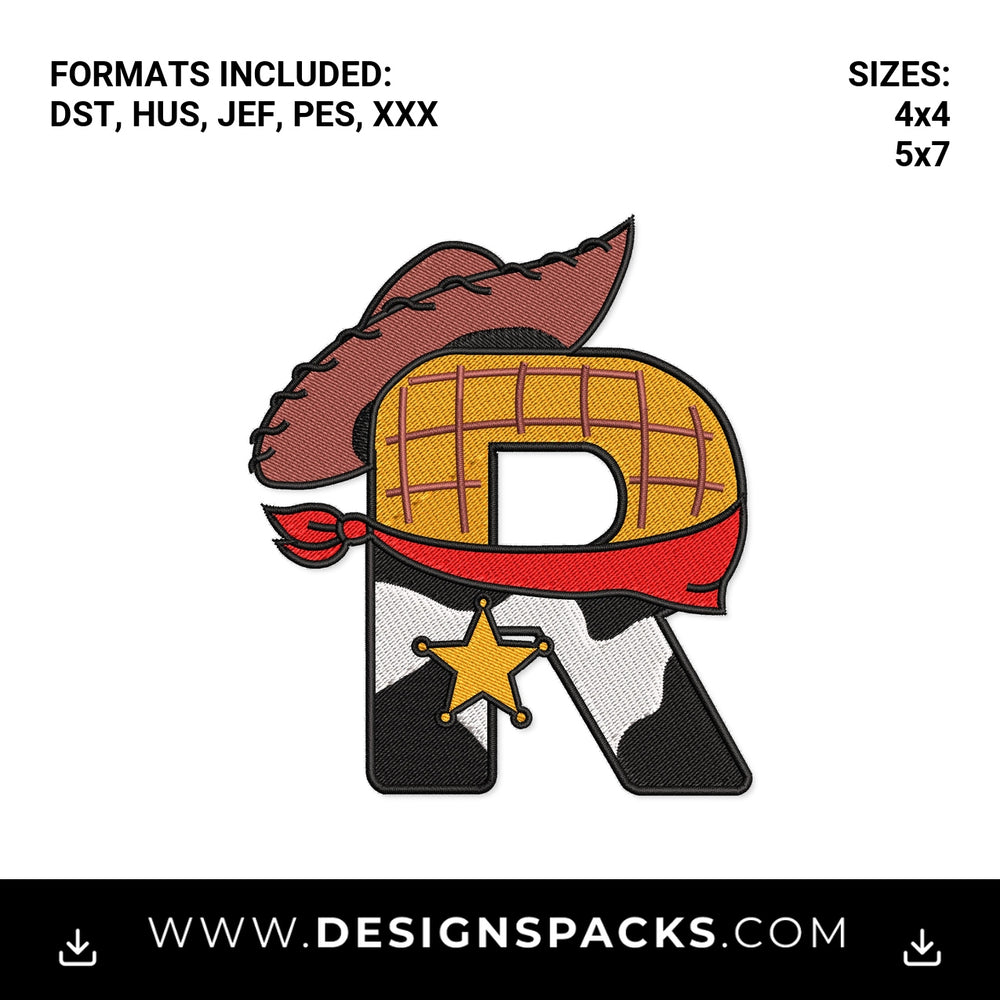 Woody Cowboy Letter R Monogram Embroidery Design - Instant digital download pattern at Designspacks.com