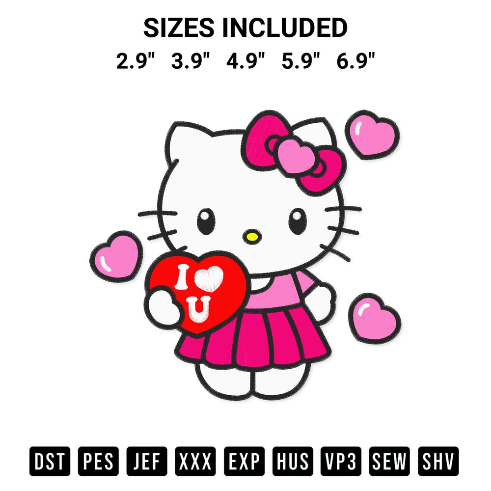 Get the Hello Kitty I Love You Embroidery Design embroidery design for your custom crafts! Premium digitized files available for instant download at Designspacks.com. Available sizes: 2.9", 3.9", 4.9", 5.9", 6.9".