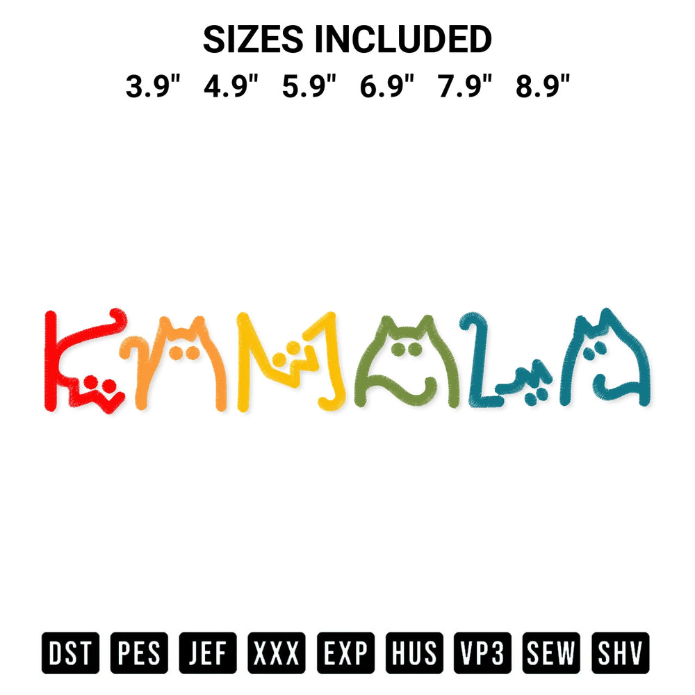 Transform your fabrics with the Kamala Cat Lettering Embroidery Design embroidery design. Instant access to premium digitized patterns at Designspacks.com. Available sizes: 3.9", 4.9", 5.9", 6.9", 7.9", 8.9".