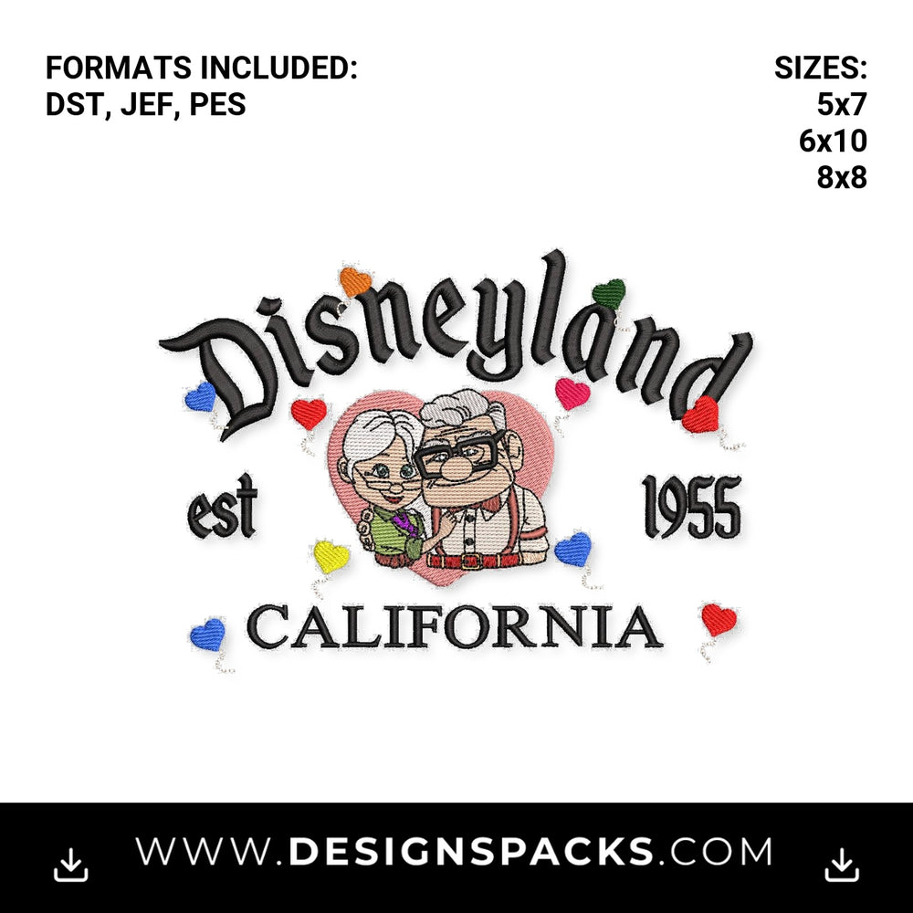 Disneyland California Carl & Ellie Est 1955 Embroidery Design - Instant digital download pattern at Designspacks.com