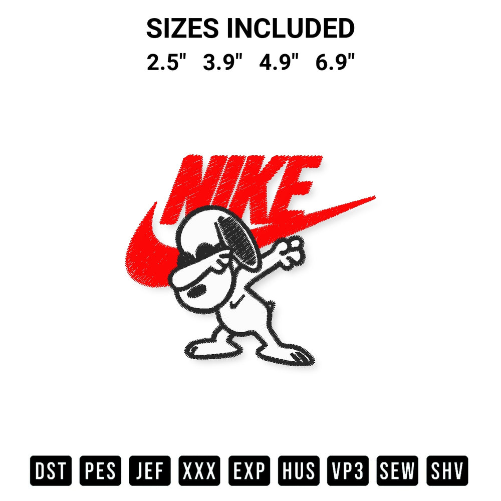 Add a unique touch to your apparel with the Nike Snoopy Dabbing Embroidery Design embroidery file. Premium instant download available now on Designspacks.com. Available sizes: 2.5", 3.9", 4.9", 6.9".