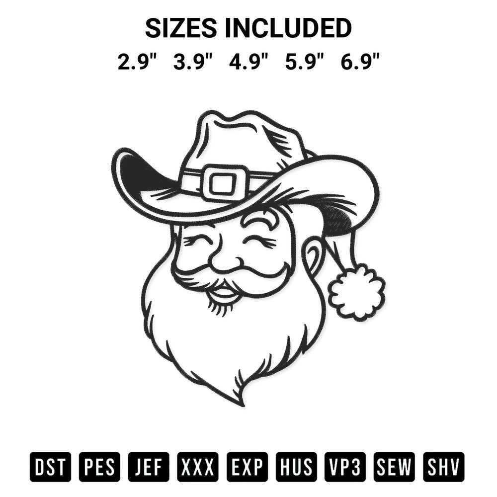 Stitch like a pro with the Cowboy Santa Head Silhouette Embroidery Design embroidery pattern from Designspacks.com. High-quality digital machine embroidery file. Available sizes: 2.9", 3.9", 4.9", 5.9", 6.9".
