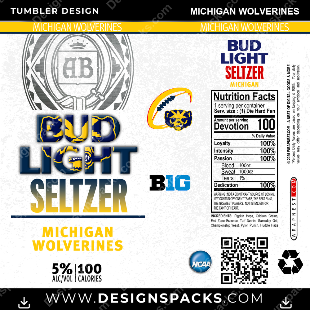 College Sport Bud Light Seltzer Michigan Wolverines NCAA College Sport Tumbler Digital Wrap Design Download