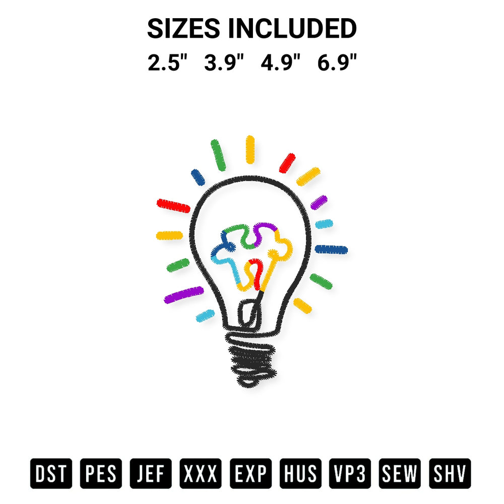 Get the Autism Light Bulb Embroidery Design embroidery design for your custom crafts! Premium digitized files available for instant download at Designspacks.com. Available sizes: 2.5", 3.9", 4.9", 6.9".