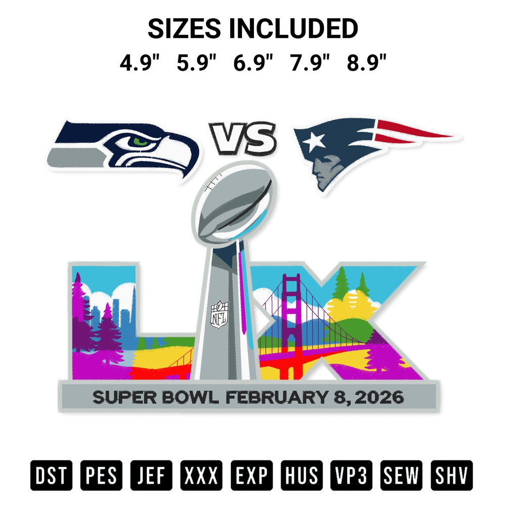 Transform your fabrics with the Seahawks Vs Patriots Super Bowl February 8 2026 Embroidery Design embroidery design. Instant access to premium digitized patterns at Designspacks.com. Available sizes: 4.9", 5.9", 6.9", 7.9", 8.9".