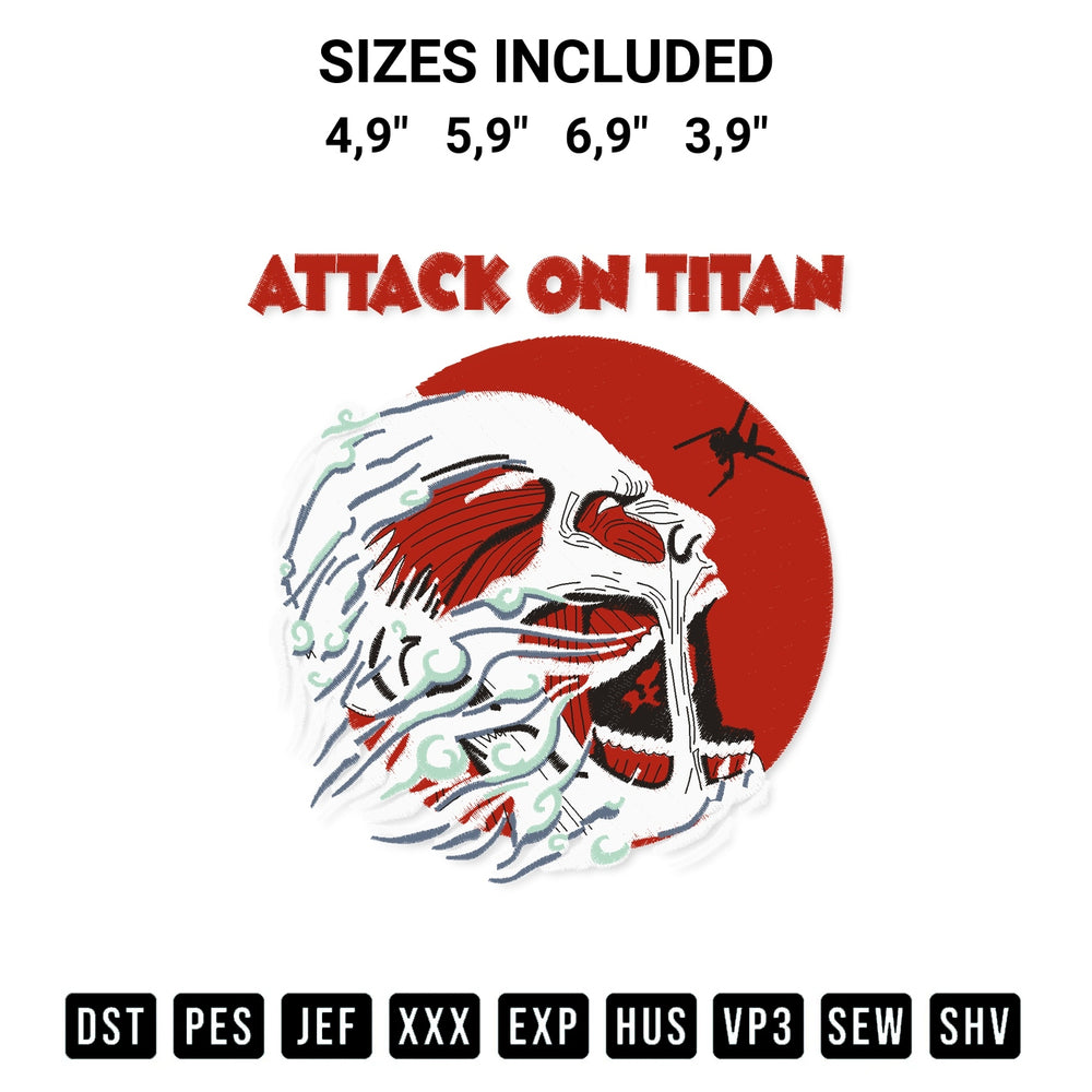 Shop the Attack On Titan Face Poster Anime Logo Embroidery Design machine embroidery pattern at Designspacks.com. Beautifully digitized for flawless stitching on any fabric. Available sizes: 4,9", 5,9", 6,9", 3,9".
