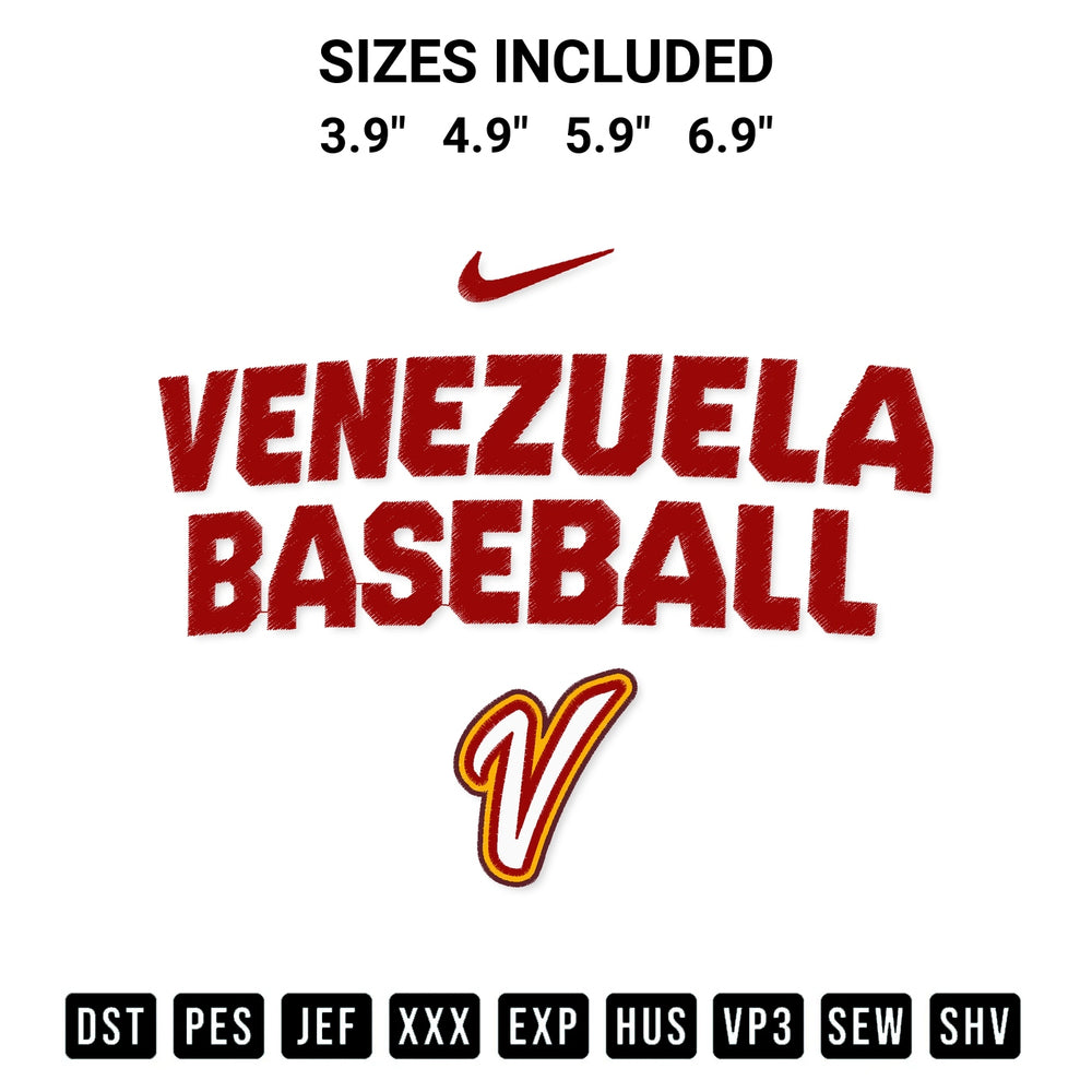 Create amazing crafts with the Venezuela Baseball Embroidery Design embroidery file. High-quality digital download from Designspacks.com, perfect for beginners and pros. Available sizes: 3.9", 4.9", 5.9", 6.9".