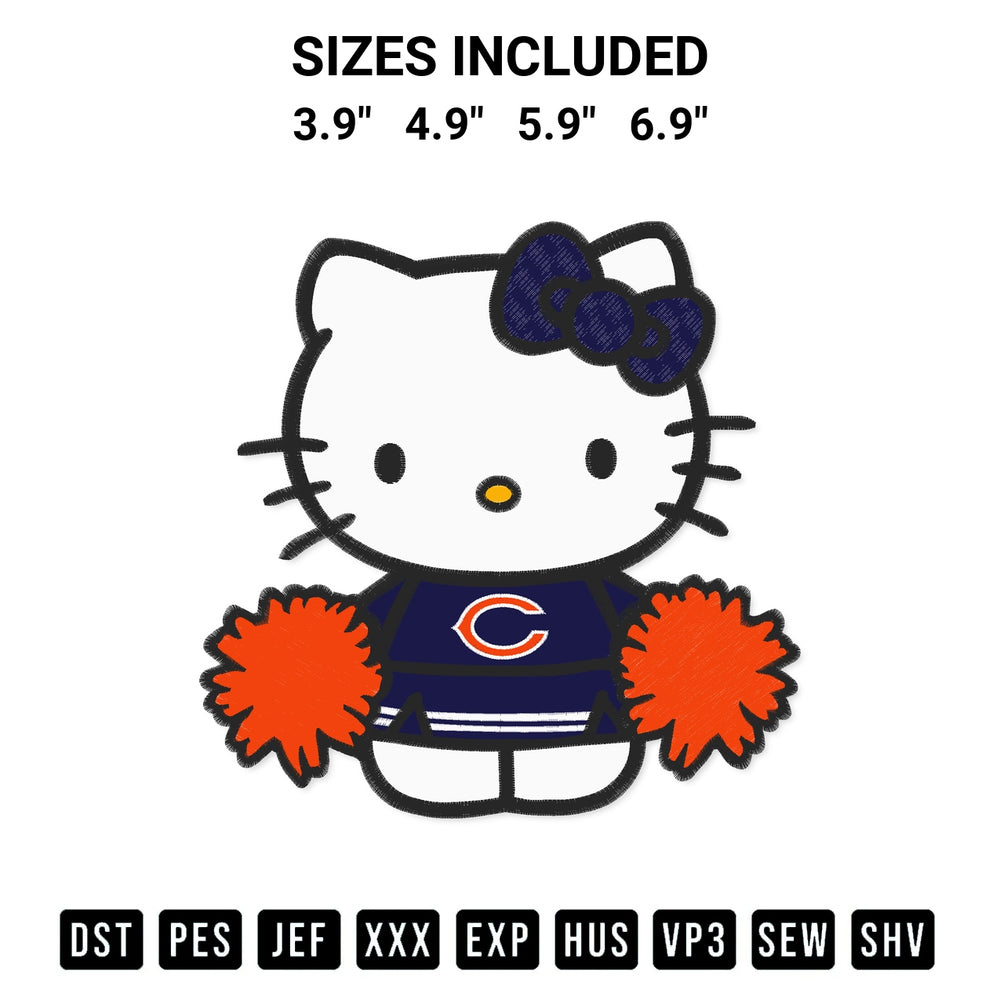 Create amazing crafts with the Hello Kitty Cheerleader Chicago Bears Embroidery Design embroidery file. High-quality digital download from Designspacks.com, perfect for beginners and pros. Available sizes: 3.9", 4.9", 5.9", 6.9".