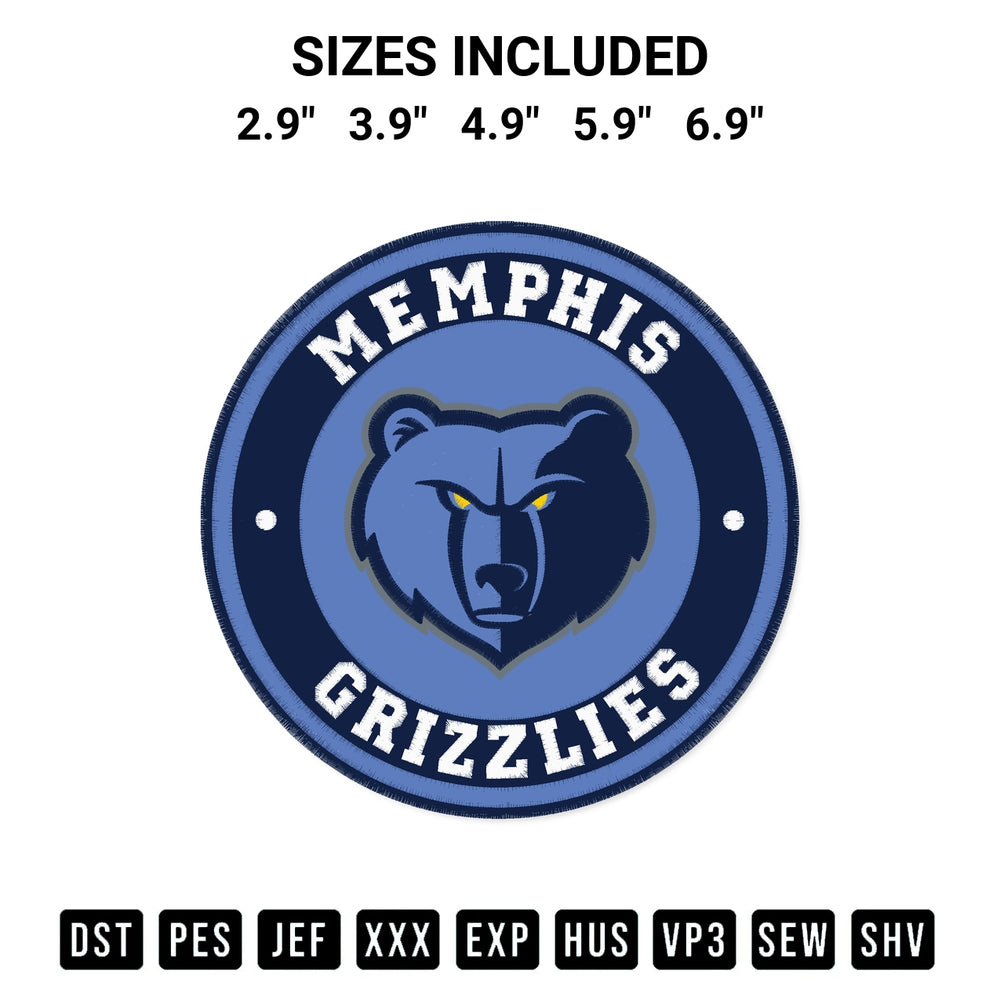 Shop the Memphis Grizzlies Circle Logo Embroidery Design machine embroidery pattern at Designspacks.com. Beautifully digitized for flawless stitching on any fabric. Available sizes: 2.9", 3.9", 4.9", 5.9", 6.9".