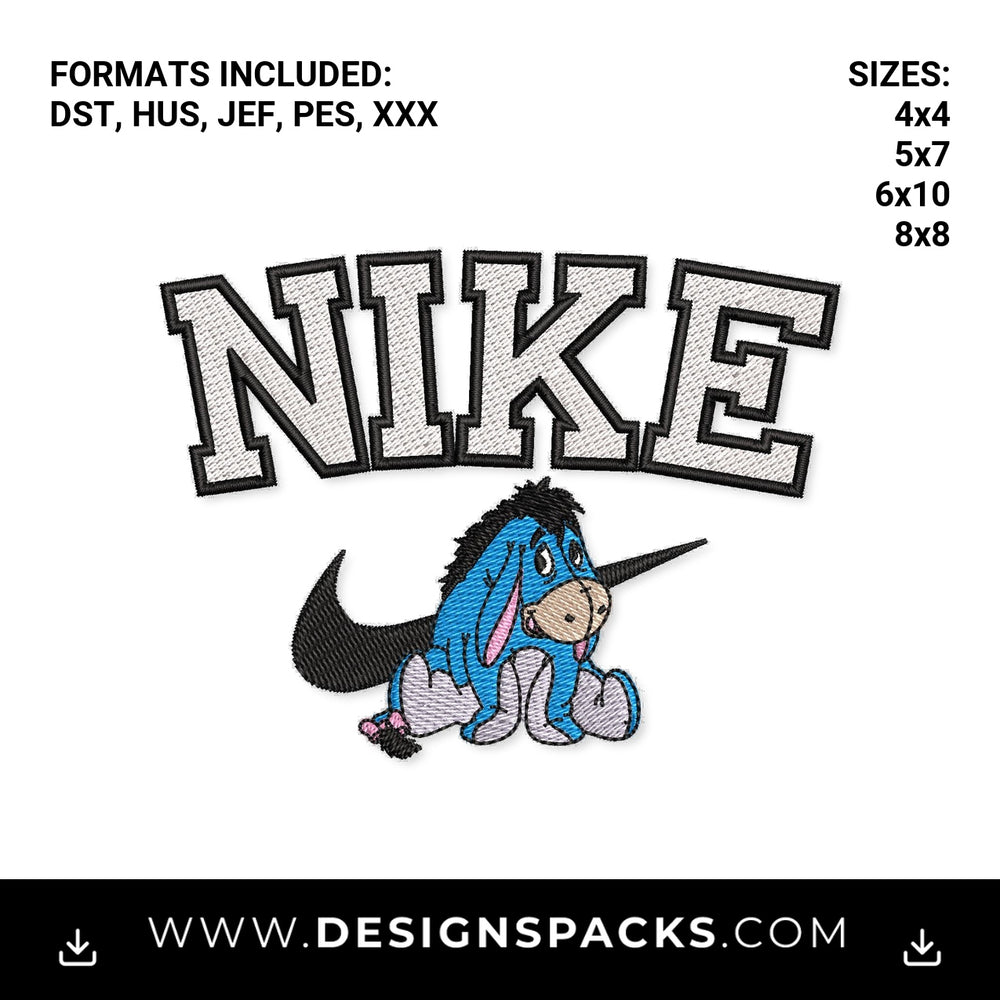 Eeyore Nike Swoosh Varsity Stitch File Embroidery Design - Instant digital download pattern at Designspacks.com