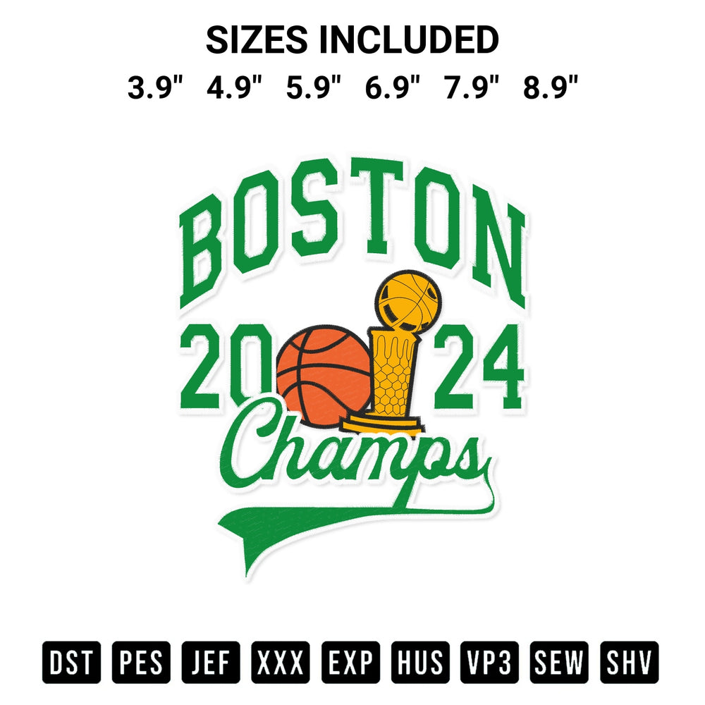 Get the Champs Boston Celtics 2024 Embroidery Design embroidery design for your custom crafts! Premium digitized files available for instant download at Designspacks.com. Available sizes: 3.9", 4.9", 5.9", 6.9", 7.9", 8.9".