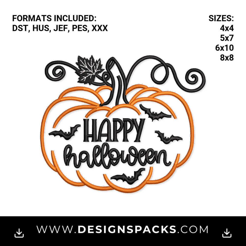 Happy Halloween Pumpkin with Bats Embroidery Design - Instant digital download pattern at Designspacks.com