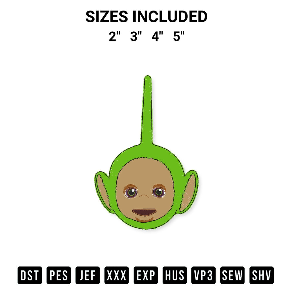 Stitch like a pro with the Teletubbies Green Embroidery Design embroidery pattern from Designspacks.com. High-quality digital machine embroidery file. Available sizes: 2", 3", 4", 5".