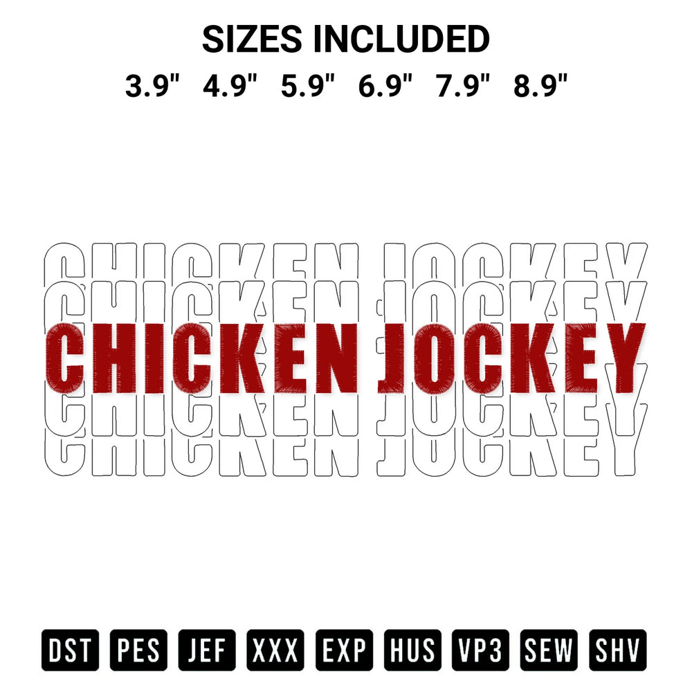 Add a unique touch to your apparel with the Chicken Jockey Embroidery Design embroidery file. Premium instant download available now on Designspacks.com. Available sizes: 3.9", 4.9", 5.9", 6.9", 7.9", 8.9".