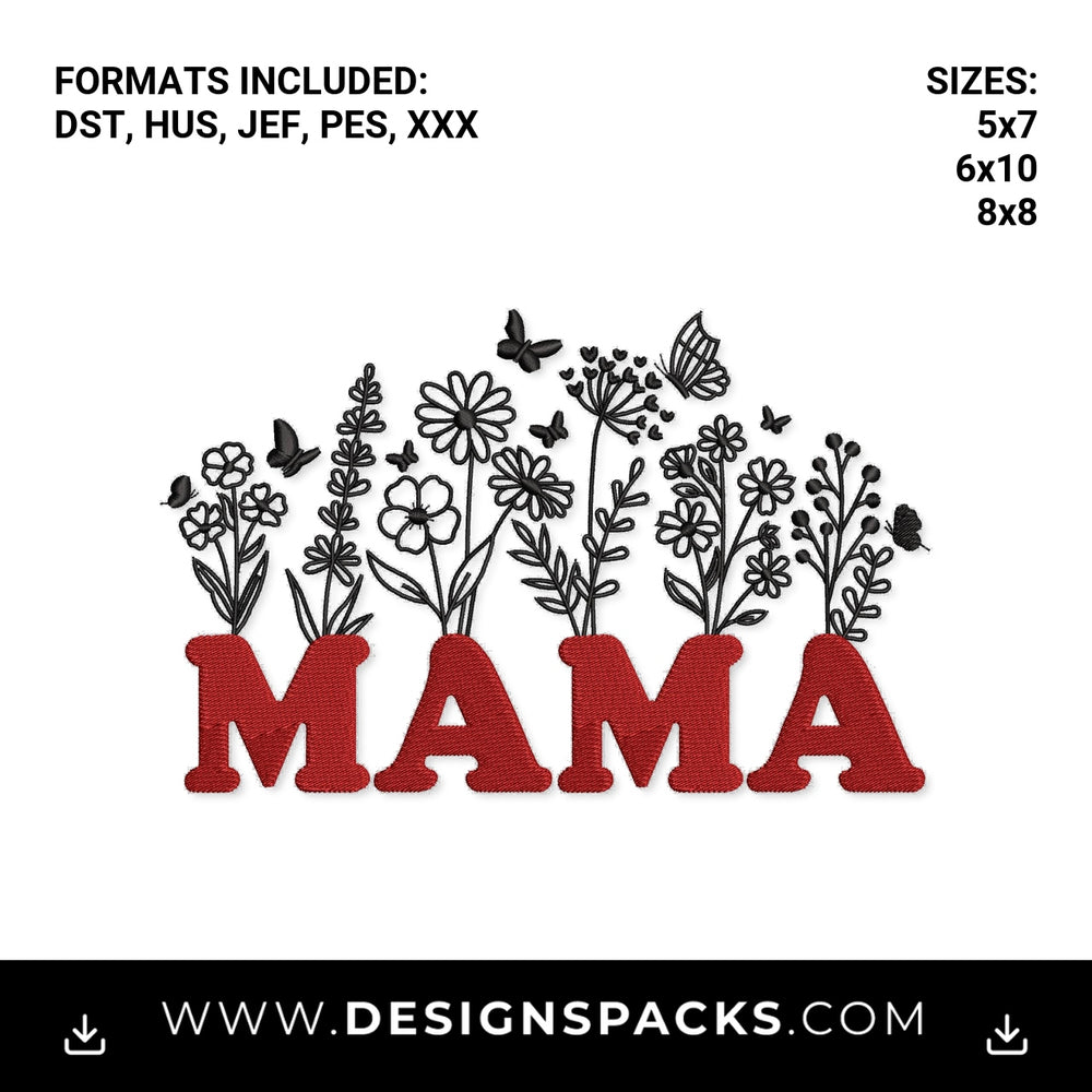Mama Wildflowers and Butterflies Embroidery Design - Instant digital download pattern at Designspacks.com