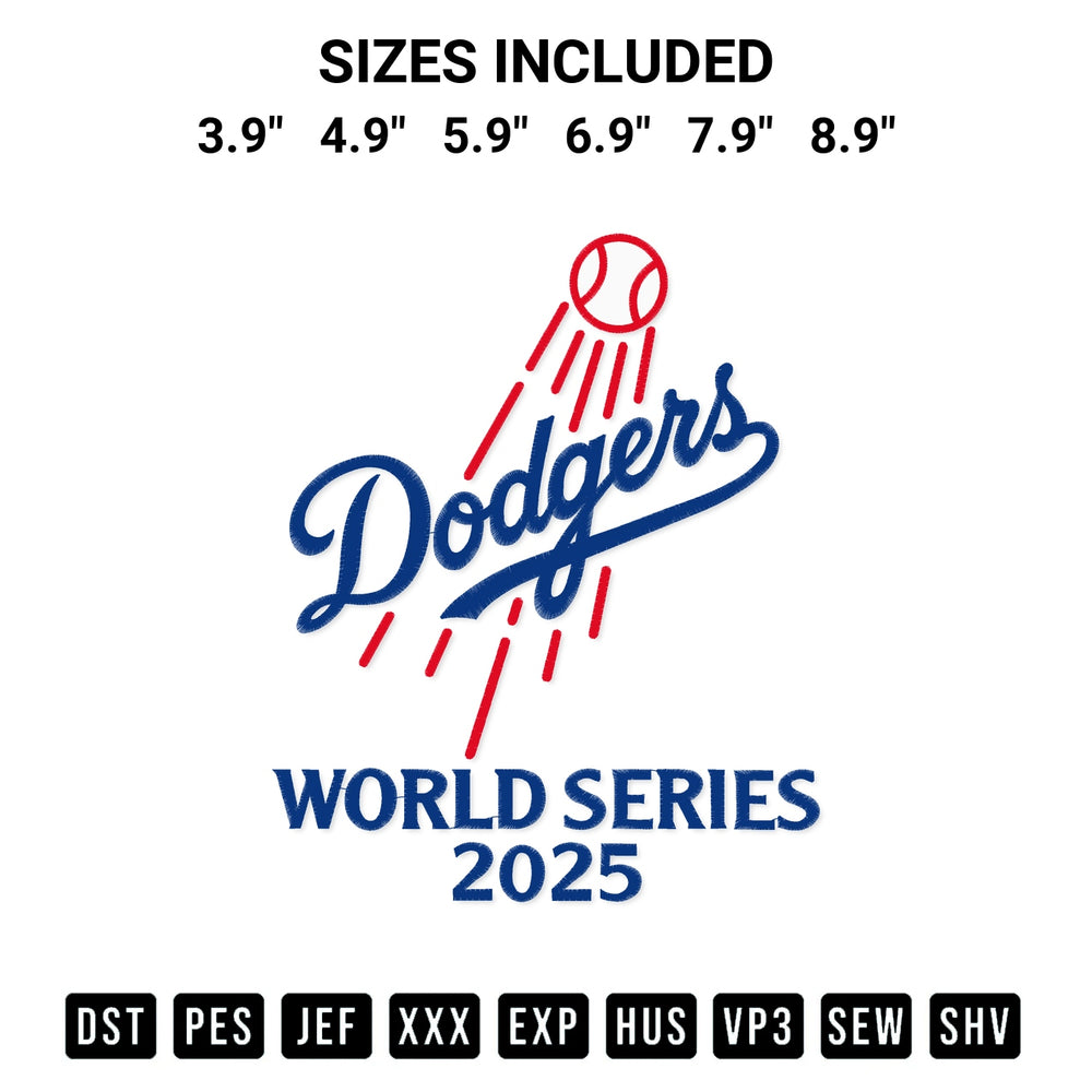 Download the La Dodgers 2025 World Series Embroidery Design machine embroidery design exclusively at Designspacks.com. Premium digitized pattern for apparel and DIY crafts. Available sizes: 3.9", 4.9", 5.9", 6.9", 7.9", 8.9".