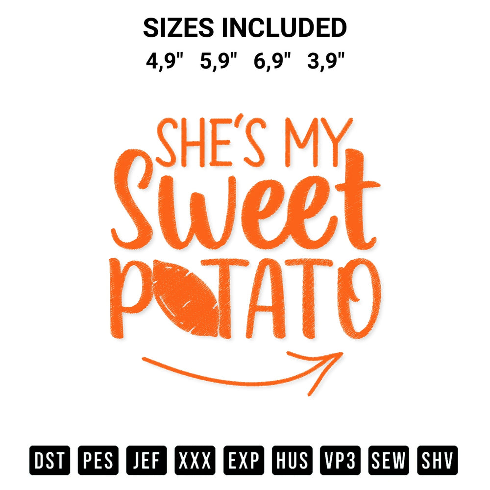 Transform your fabrics with the Shes My Sweet Potato Funny Thanksgiving Matching Couple Logo Embroidery Design embroidery design. Instant access to premium digitized patterns at Designspacks.com. Available sizes: 4,9", 5,9", 6,9", 3,9".