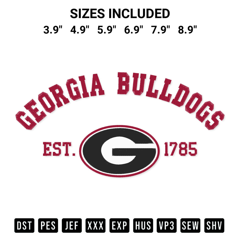 Discover the perfect addition to your crafting collection: Georgia Bulldogs Est 1785 Embroidery Design embroidery file. Instantly available at Designspacks.com. Available sizes: 3.9", 4.9", 5.9", 6.9", 7.9", 8.9".