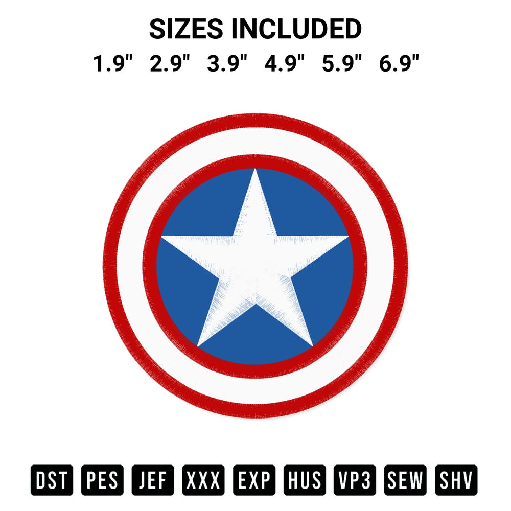 Create amazing crafts with the Captain America Logo Embroidery Design embroidery file. High-quality digital download from Designspacks.com, perfect for beginners and pros. Available sizes: 1.9", 2.9", 3.9", 4.9", 5.9", 6.9".