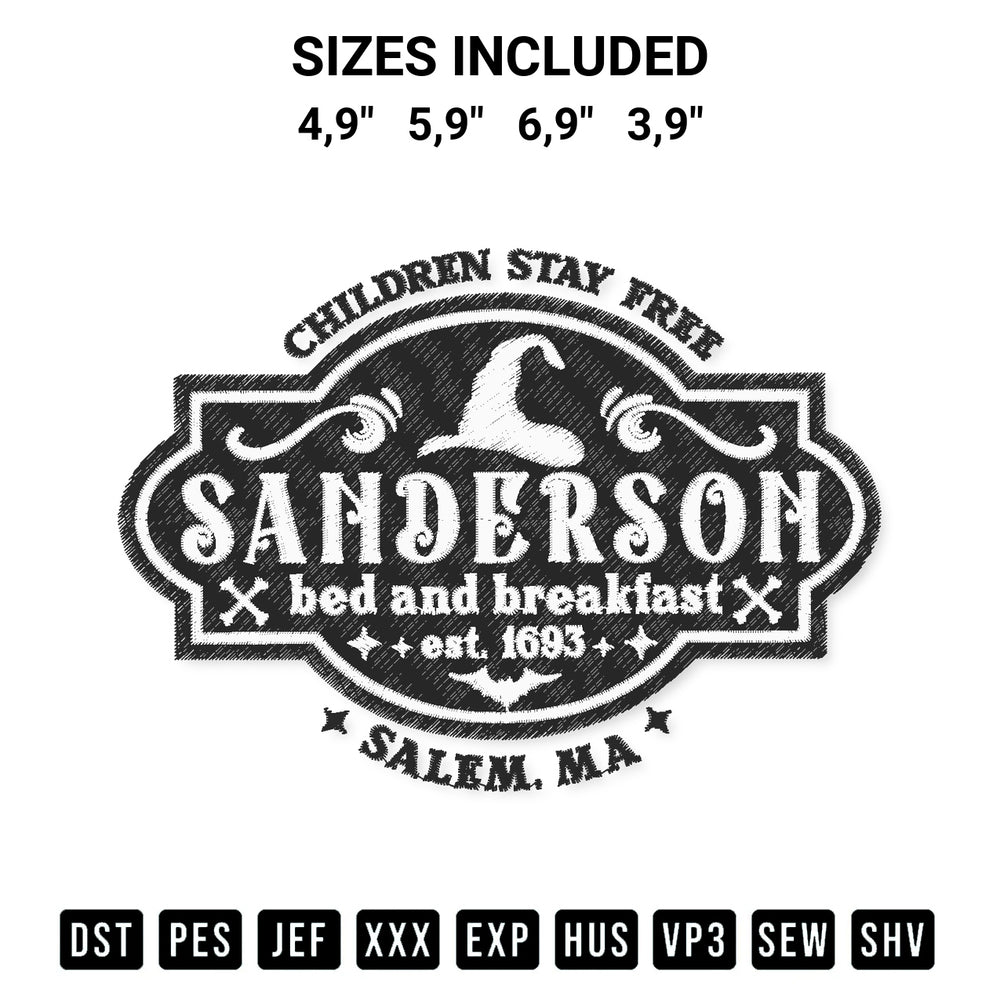 Elevate your next project with our Children Stay Free Sanderson Halloween Bed And Breakfast Est. 1693 Logo Embroidery Design embroidery file. Shop high-quality digital patterns instantly at Designspacks.com. Available sizes: 4,9", 5,9", 6,9", 3,9".