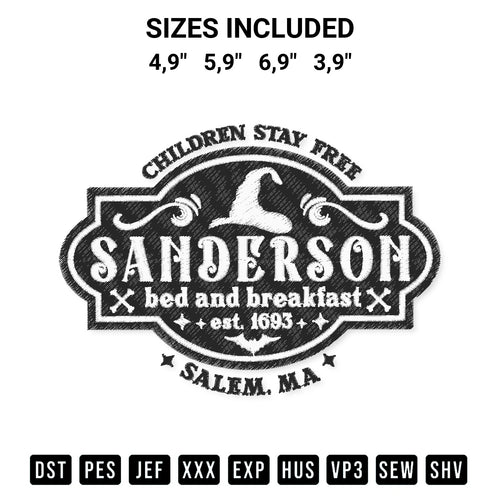 Elevate your next project with our Children Stay Free Sanderson Halloween Bed And Breakfast Est. 1693 Logo Embroidery Design embroidery file. Shop high-quality digital patterns instantly at Designspacks.com. Available sizes: 4,9