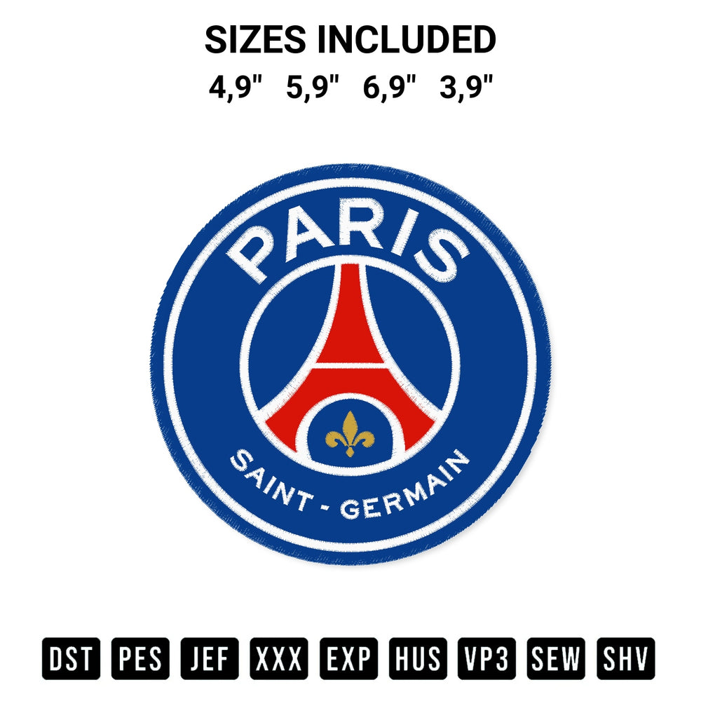 Create amazing crafts with the Paris Saint Germain Embroidery Design embroidery file. High-quality digital download from Designspacks.com, perfect for beginners and pros. Available sizes: 4,9", 5,9", 6,9", 3,9".