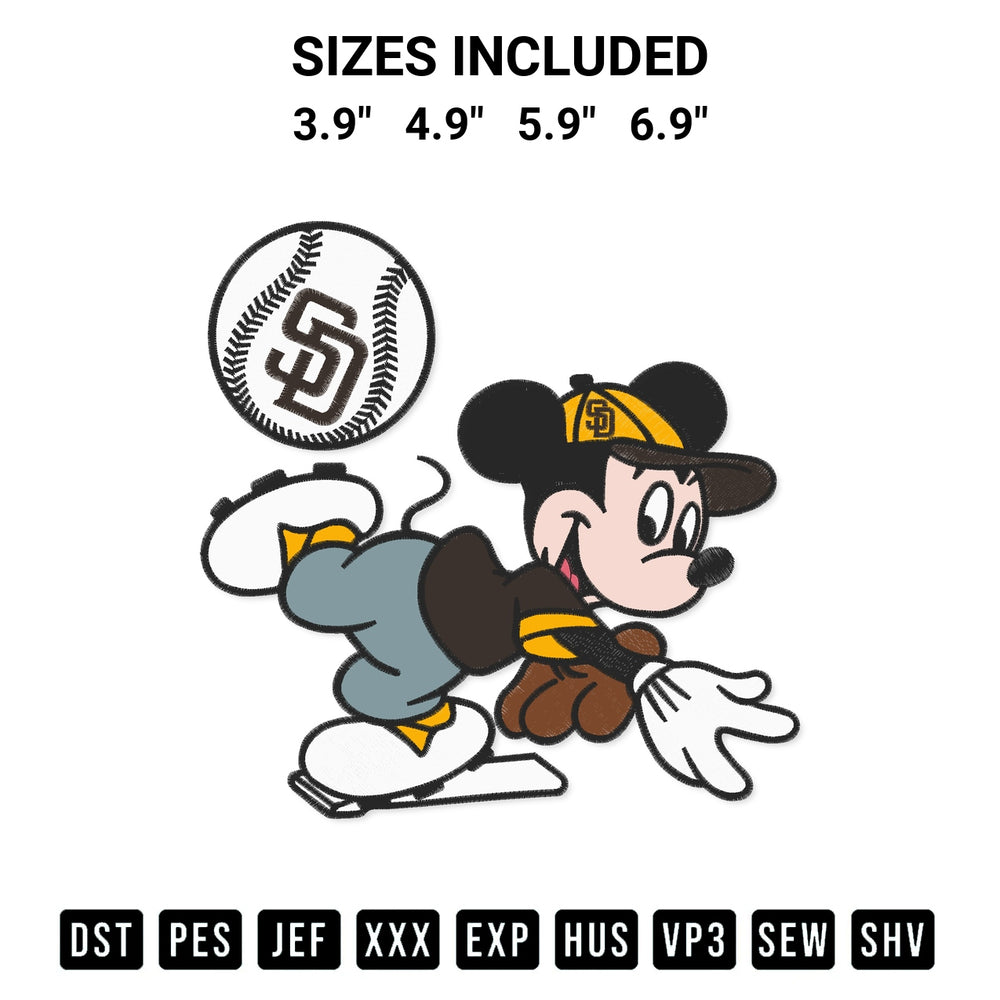 Discover the perfect addition to your crafting collection: Baseball San Diego Padres Mickey Mouse Embroidery Design embroidery file. Instantly available at Designspacks.com. Available sizes: 3.9", 4.9", 5.9", 6.9".