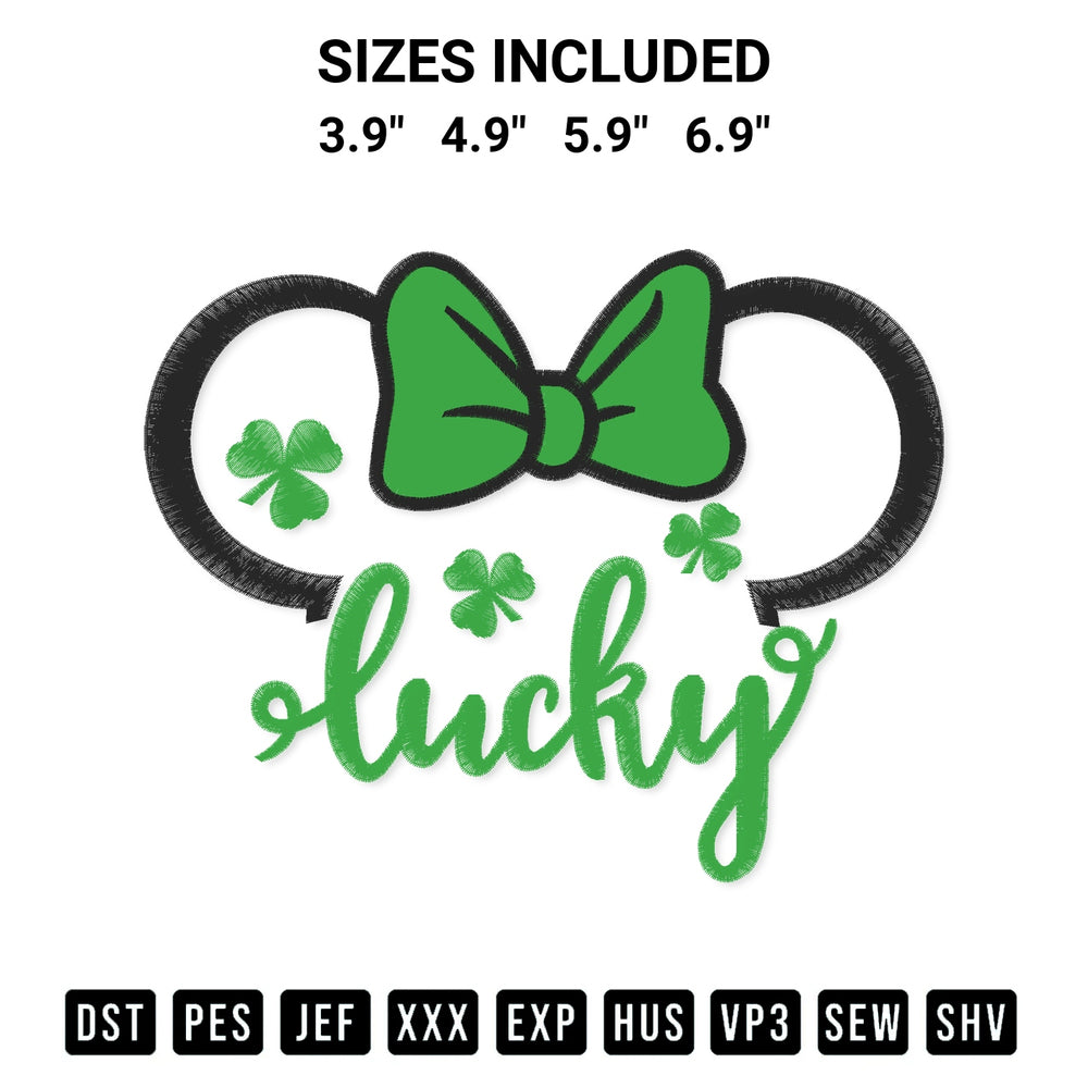 Download the Lucky Clover Mickey Ears Embroidery Design machine embroidery design exclusively at Designspacks.com. Premium digitized pattern for apparel and DIY crafts. Available sizes: 3.9", 4.9", 5.9", 6.9".