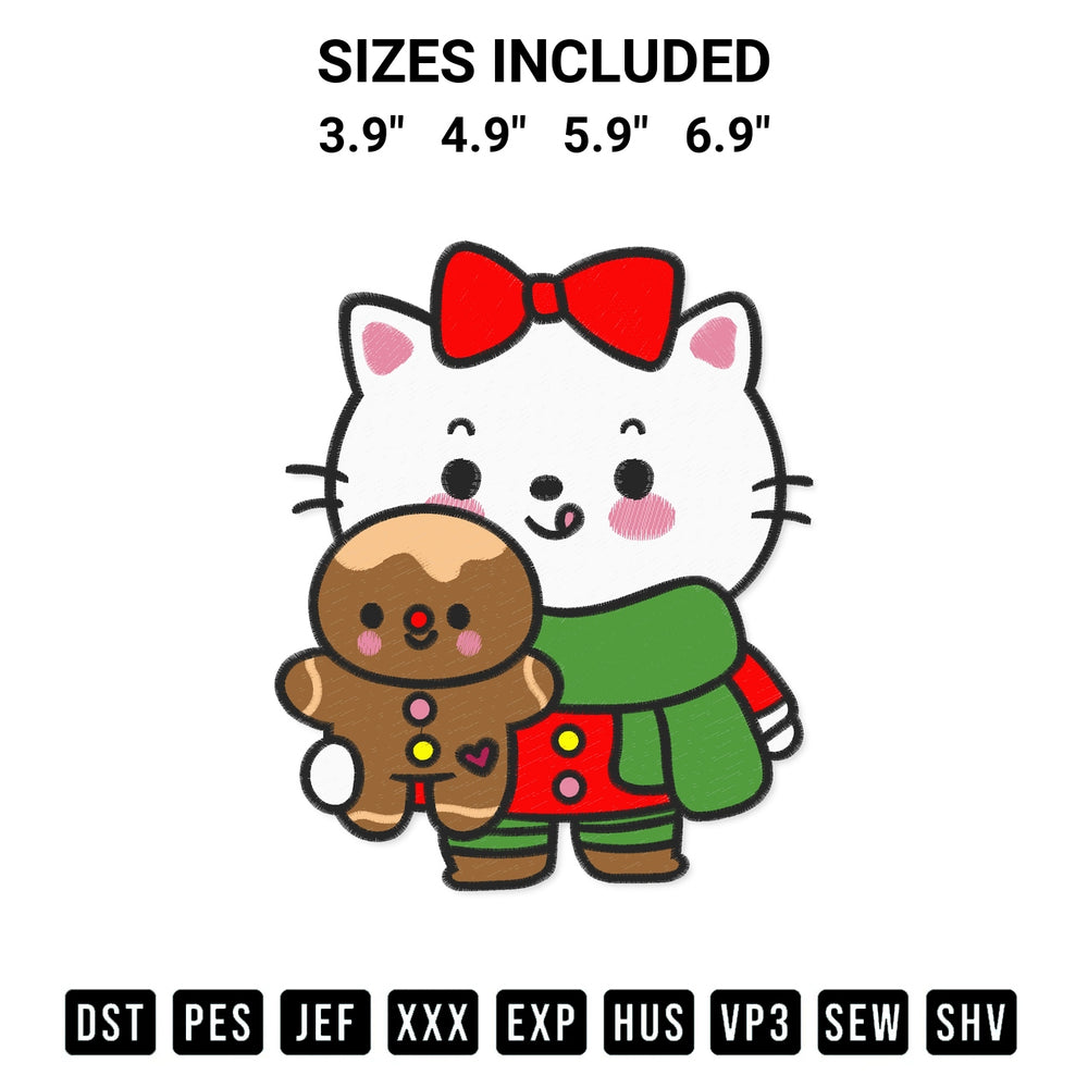 Transform your fabrics with the Cute Cat With Gingerbread Christmas Embroidery Design embroidery design. Instant access to premium digitized patterns at Designspacks.com. Available sizes: 3.9", 4.9", 5.9", 6.9".