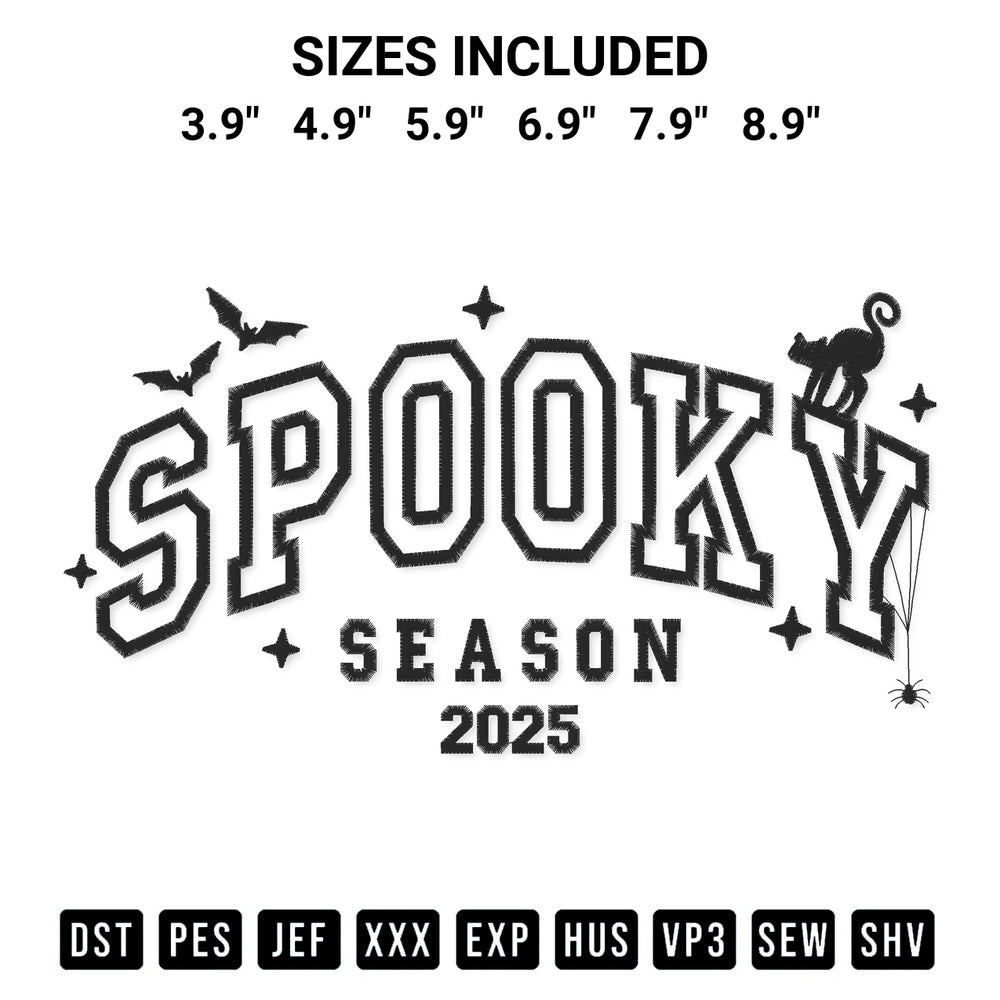 Discover the perfect addition to your crafting collection: Spooky Season 2025 Embroidery Design embroidery file. Instantly available at Designspacks.com. Available sizes: 3.9", 4.9", 5.9", 6.9", 7.9", 8.9".