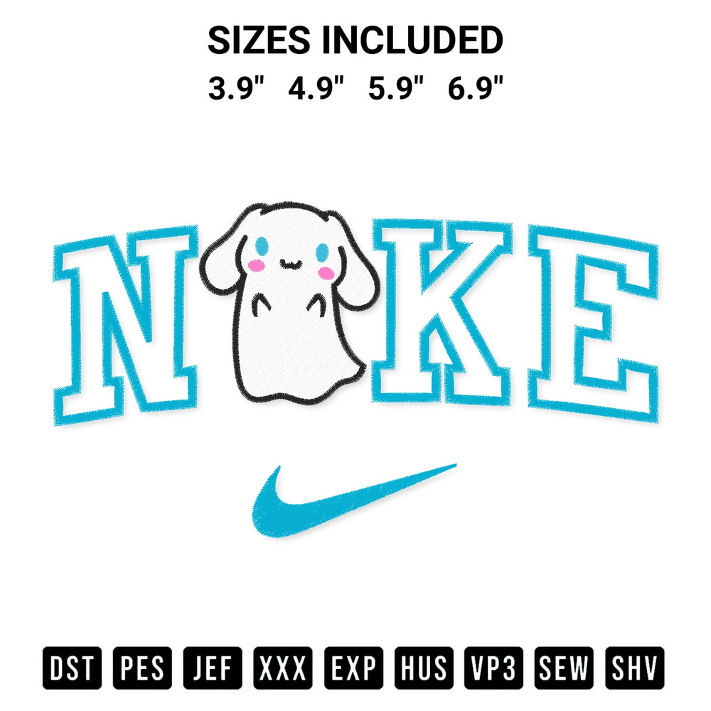 Transform your fabrics with the Nike Cinnamoroll Ghost Embroidery Design embroidery design. Instant access to premium digitized patterns at Designspacks.com. Available sizes: 3.9", 4.9", 5.9", 6.9".