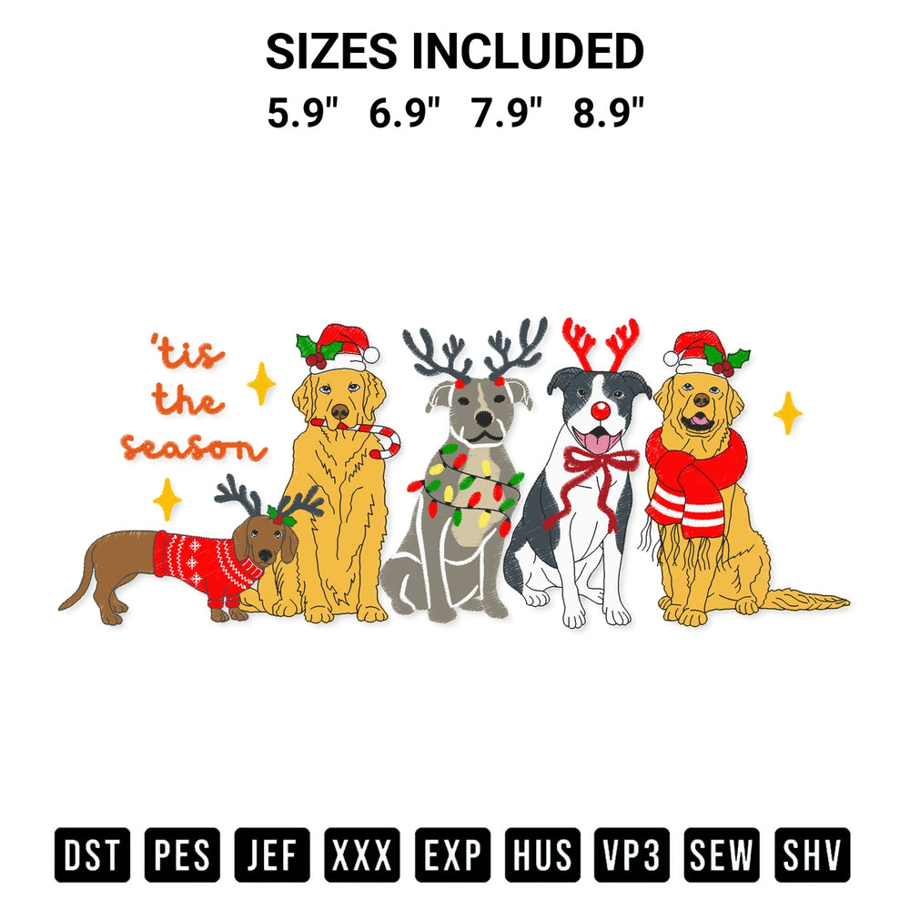 Add a unique touch to your apparel with the Tis The Season Dogs Xmas Embroidery Design embroidery file. Premium instant download available now on Designspacks.com. Available sizes: 5.9", 6.9", 7.9", 8.9".