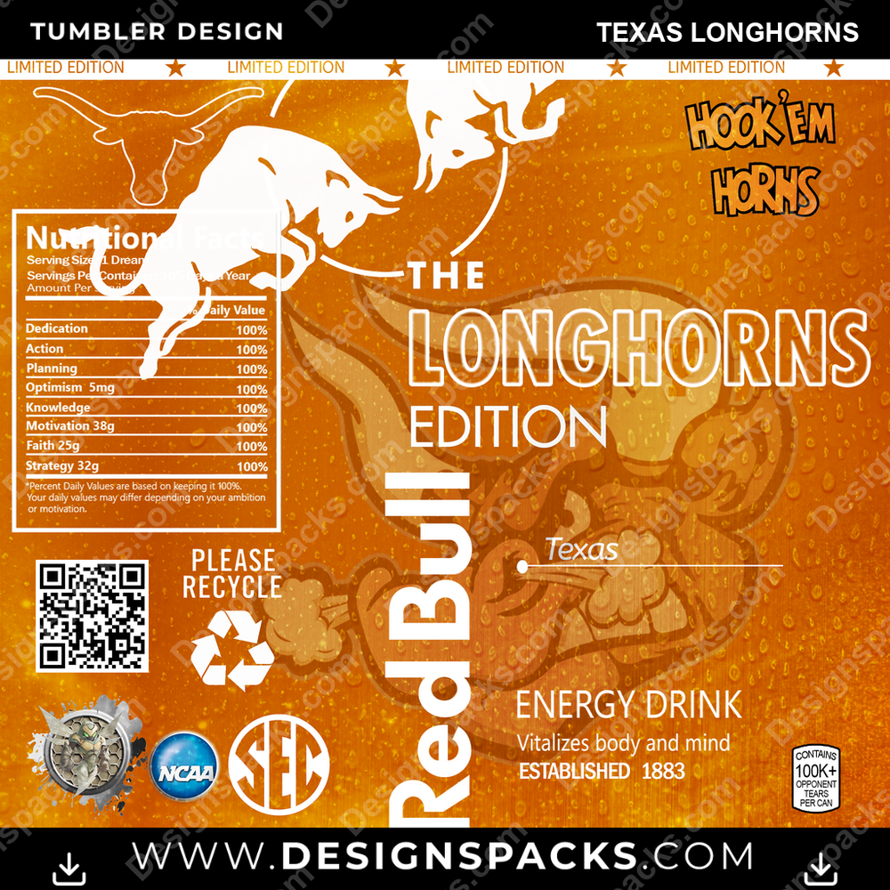 College Sport Red Bull Texas Longhorns NCAA College Sport Tumbler Digital Wrap Design Download
