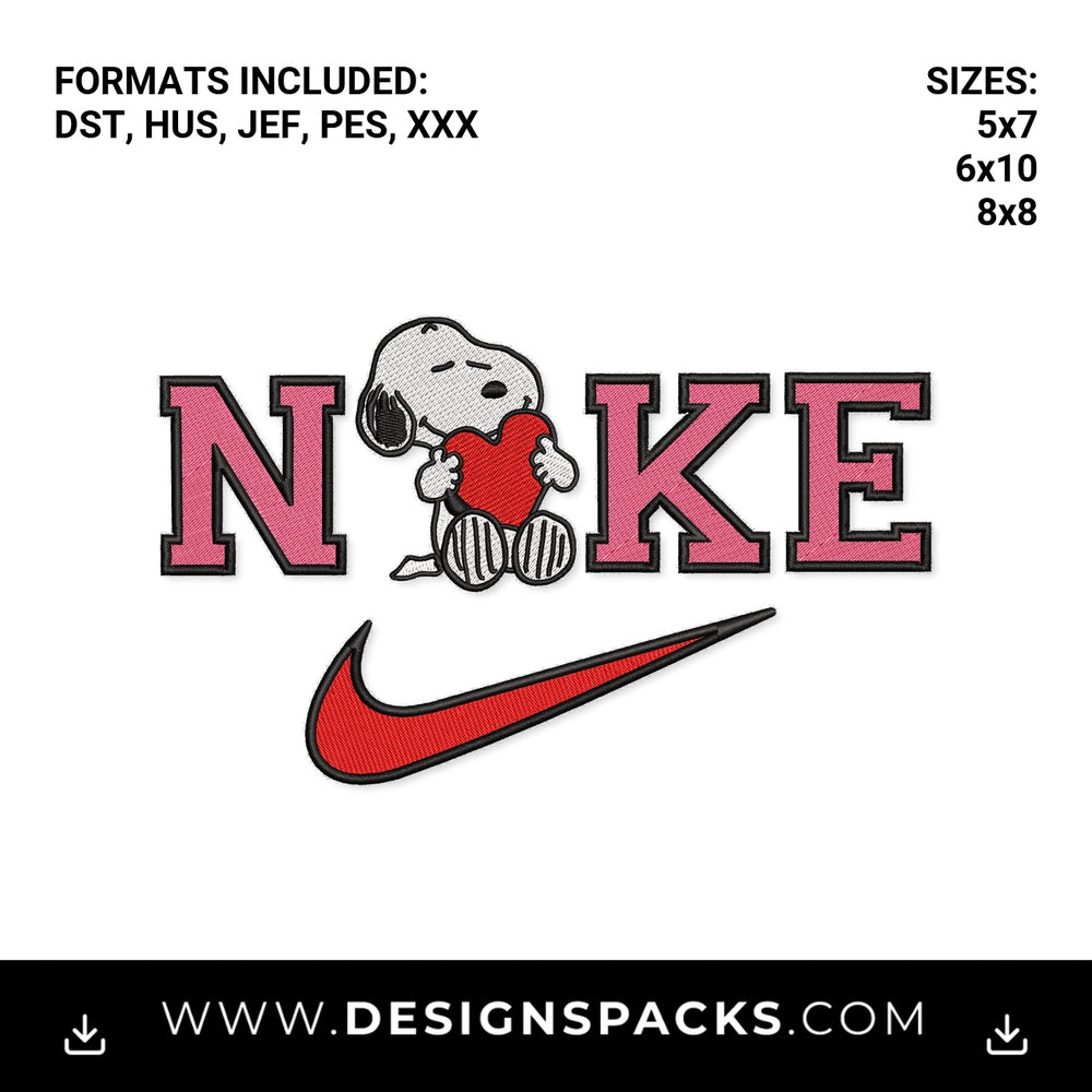 Snoopy Pink Nike Heart Swoosh Embroidery Design - Instant digital download pattern at Designspacks.com