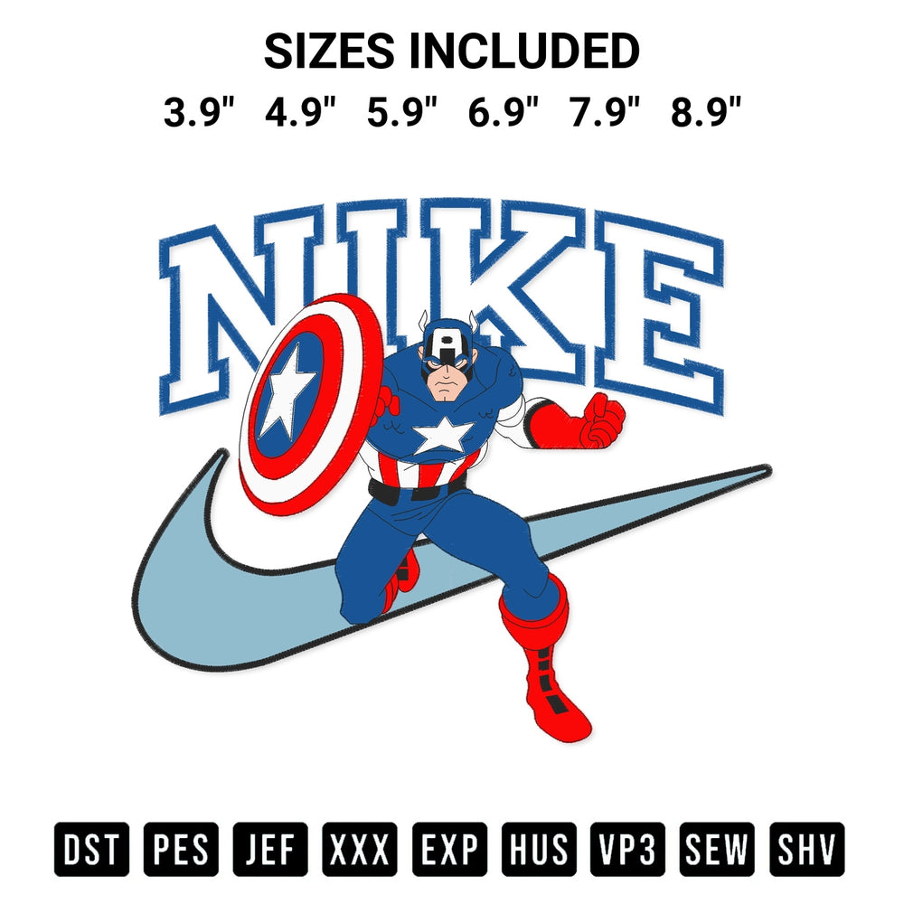 Elevate your next project with our Captain America X Nike Embroidery Design embroidery file. Shop high-quality digital patterns instantly at Designspacks.com. Available sizes: 3.9", 4.9", 5.9", 6.9", 7.9", 8.9".