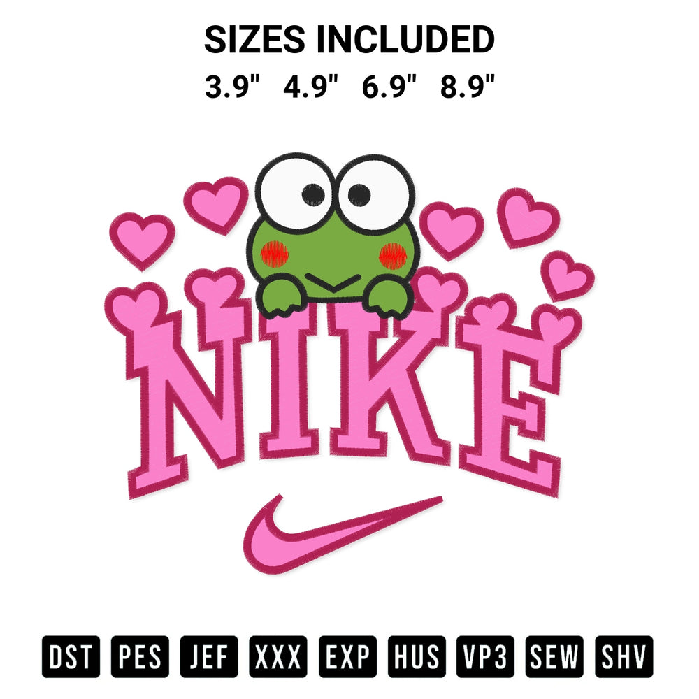 Create amazing crafts with the Nike Keroppi Hearts Embroidery Design embroidery file. High-quality digital download from Designspacks.com, perfect for beginners and pros. Available sizes: 3.9", 4.9", 6.9", 8.9".