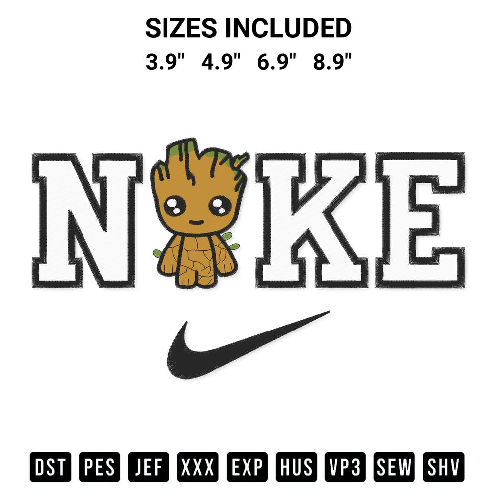 Get the Nike Baby Groot Embroidery Design embroidery design for your custom crafts! Premium digitized files available for instant download at Designspacks.com. Available sizes: 3.9", 4.9", 6.9", 8.9".