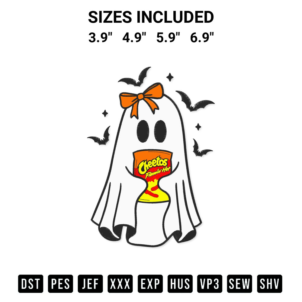 Transform your fabrics with the Ghost And Cheetos Embroidery Design embroidery design. Instant access to premium digitized patterns at Designspacks.com. Available sizes: 3.9", 4.9", 5.9", 6.9".