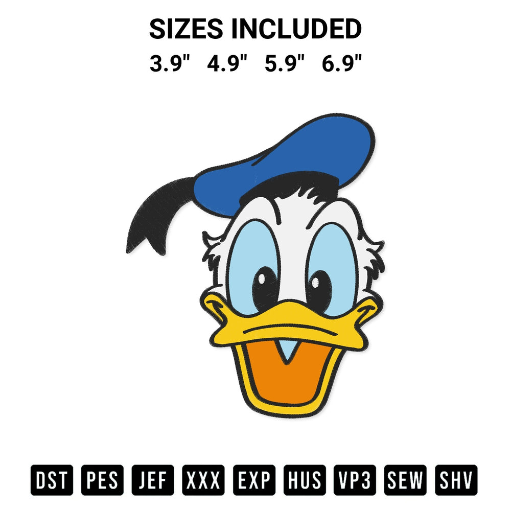 Download the Donald Duck Face Funny Embroidery Design machine embroidery design exclusively at Designspacks.com. Premium digitized pattern for apparel and DIY crafts. Available sizes: 3.9", 4.9", 5.9", 6.9".
