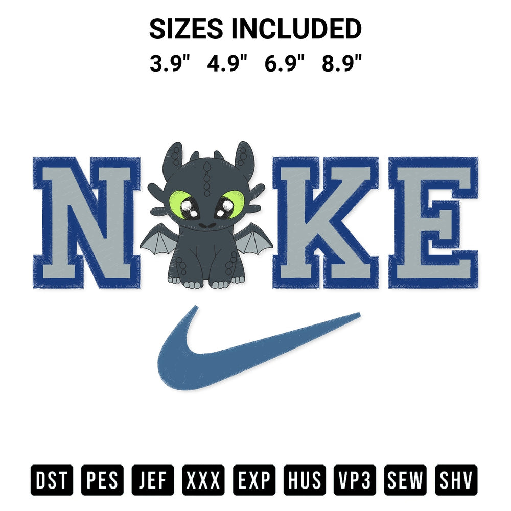 Shop the Toothless Nike Embroidery Design machine embroidery pattern at Designspacks.com. Beautifully digitized for flawless stitching on any fabric. Available sizes: 3.9", 4.9", 6.9", 8.9".