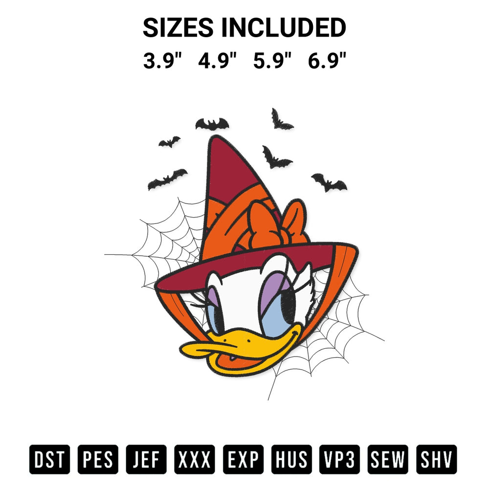 Discover the perfect addition to your crafting collection: Face Daisy Duck Halloween Embroidery Design embroidery file. Instantly available at Designspacks.com. Available sizes: 3.9", 4.9", 5.9", 6.9".